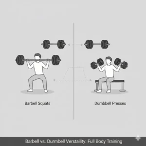 Illustration of a 200 pound weight set being used for both barbell squats and dumbbell exercises.