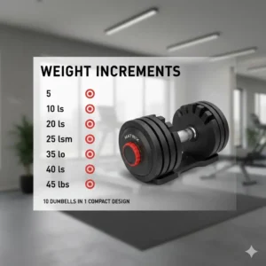 Infographic detailing all available weight levels and increments for matrix adjustable dumbbells.
