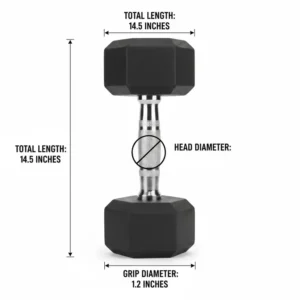 Technical illustration showing the exact dimensions and scale of the 30 lb dumbbell rubber.