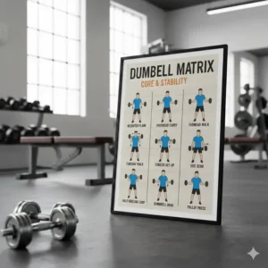 Core-focused dumbbell matrix exercises including weighted planks and Russian twists.