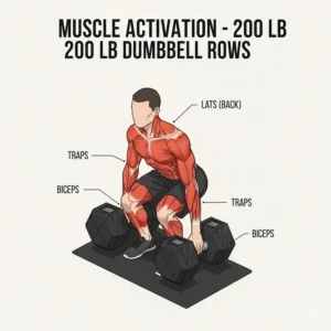 Illustration showing the primary muscle groups targeted when training with a heavy 200 lb dumbbell pair.