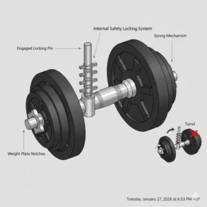 Illustration of the internal safety locking pin mechanism within the mx55 adjustable dumbbells.