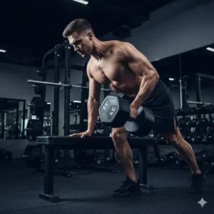 A man performing a single arm back row exercise with 85 lb dumbbells.