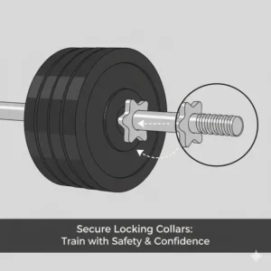 Close-up view of secure star-lock collars keeping the plates of a 200 pound weight set in place.