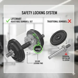 Technical illustration of the internal safety locking mechanism that secures plates on the lifesmart dumbbell set.