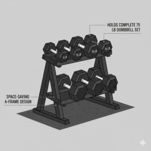 Space-saving A-frame storage rack designed to hold a heavy 75 lb dumbbell set securely.