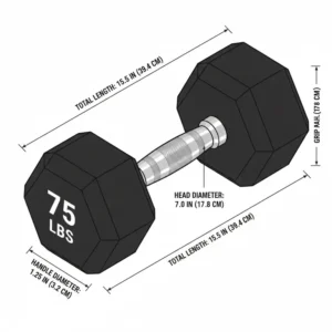 Graphic illustration showing the exact size and diameter specifications of a 75 lbs dumbbell.