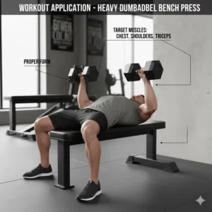 An athlete performing heavy chest presses with a 200 pound dumbbell set.