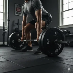 An athlete performing deadlifts using the rubber-coated 200 lbs weight set.