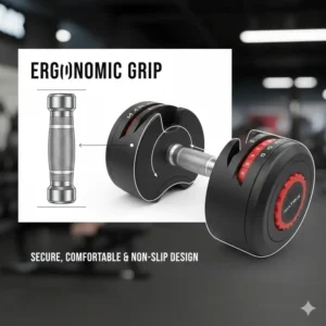 Detailed illustration of the ergonomic and non-slip handle design of matrix adjustable dumbbells.