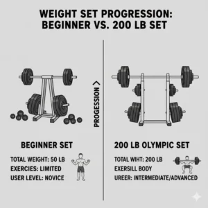 Infographic comparing a beginner set to a 200 lb weight set to highlight strength progression milestones.