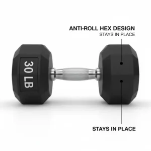 Showcase of the hexagonal anti-roll design of this premium 30 lb dumbbell rubber.