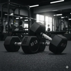 Heavy 85 lb dumbbells positioned on the floor of a modern commercial gym.