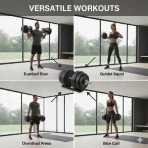 Infographic showing various strength training movements performed with an adjustable dumbbell set 200 lbs.