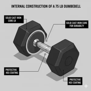 Detailed cross-section showing the solid cast iron core and protective coating of a 75 lb dumbbell set.