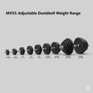 A complete range of weight increments available with the mx55 adjustable dumbbells set.