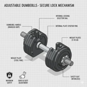 Diagram of the secure locking and safety mechanism for this 200 pound dumbbell set.