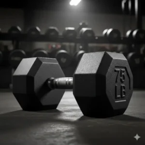 A classic hex-style solid cast iron 75 lbs dumbbell with embossed weight marking.