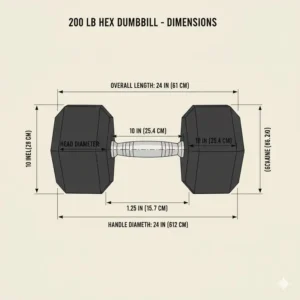 A technical drawing showing the exact length and head width measurements of a standard 200 lb dumbbell pair.