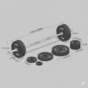 Infographic showing the exact dimensions and specs of each plate in the 200 lbs weight set.