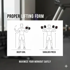Instructional drawing showing proper lifting form while using the matrix adjustable dumbbells.