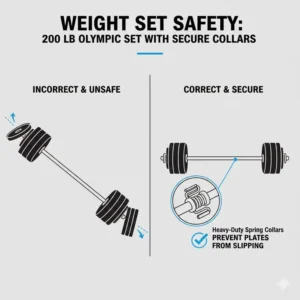 Illustration of heavy-duty safety collars securing plates on a 200 lb weight set during a workout.