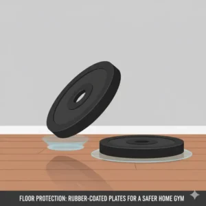 Protective rubber-coated plates of a 200 pound weight set resting safely on a gym floor.