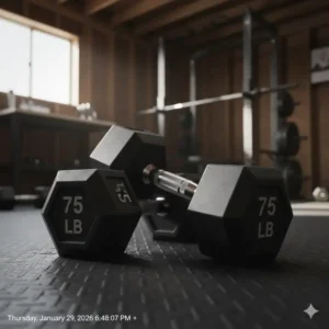 Professional grade 75 lbs dumbbell set placed on protective flooring in a garage home gym.