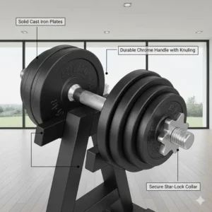 High-quality solid cast iron construction and finish of the adjustable dumbbell set 200 lbs components.