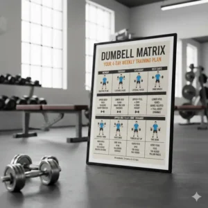 A calendar-style layout showing how to use a dumbbell matrix for a 4-day workout split.