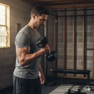 An athlete performing strength exercises using the 30 lb dumbbell rubber in a fitness studio.