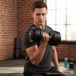 A man performing a bicep curl workout using the mx55 adjustable dumbbells in a home gym.