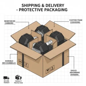 Protective heavy-duty packaging used for shipping a 200 pound dumbbell set.