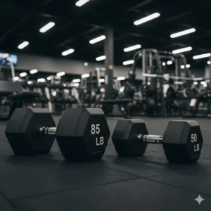 A side-by-side scale comparison of standard weights and 85 lb dumbbells.