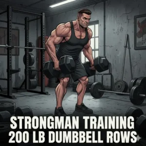 An athlete performing heavy rows with a 200 lb dumbbell pair in a professional powerlifting garage gym.