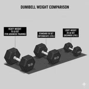 Size comparison chart showcasing a 75 lb dumbbell set alongside lighter 25 lb and 50 lb options.