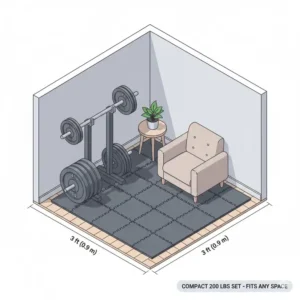 Side-by-side comparison showing the space-saving design of a compact 200 lbs weight set.