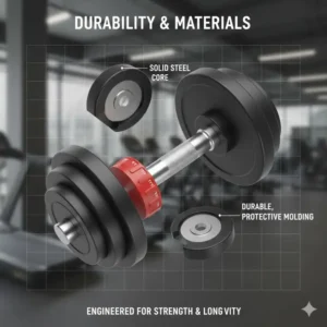 Exploded view showing the solid steel core and durable construction of matrix adjustable dumbbells.
