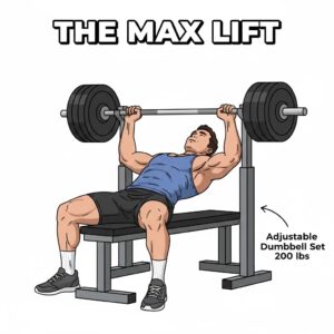 An athlete performing a heavy bench press using the full capacity of the adjustable dumbbell set 200 lbs.