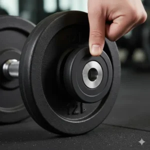 A hand attaching micro-loading dumbbell add on weights to the end of a solid black dumbbell.
