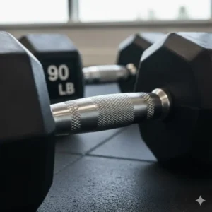 Close-up of the chrome knurled handle on a high-quality 90 lb dumbbell pair for better grip.