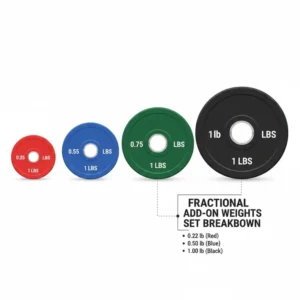 A color-coded set of fractional add on weights ranging from 0.25 to 1 pound for precise progression.
