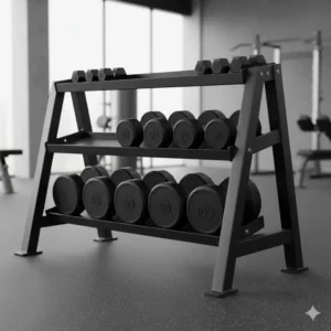 Detailed view of the heavy-duty 3-tier storage system for a dumbbell set with rack 5 100.