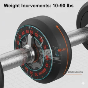 Close-up of the weight selection dial on 90 pound adjustable dumbbells showing various increments.