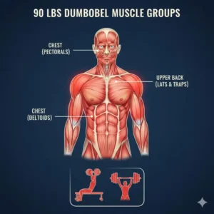 Anatomy chart showing muscle groups targeted when training with 90 lbs dumbbells.