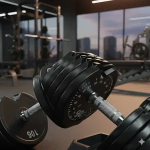 Close-up of the weight selection dial on a 90 lb adjustable dumbbells unit.