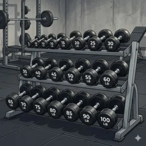 Side view showing the progression of dumbbell sizes from 5 pounds up to 100 pounds.