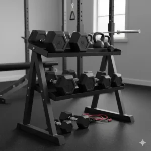 A sturdy three-tier weight rack holding a solid steel 90 lb dumbbell pair in a home gym.