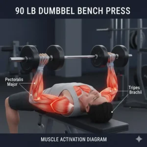 Anatomical diagram of a chest press exercise using a 90 lb dumbbell to target muscles.