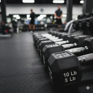 Close-up of the different weight increments included in the dumbbell set with rack 5 100.